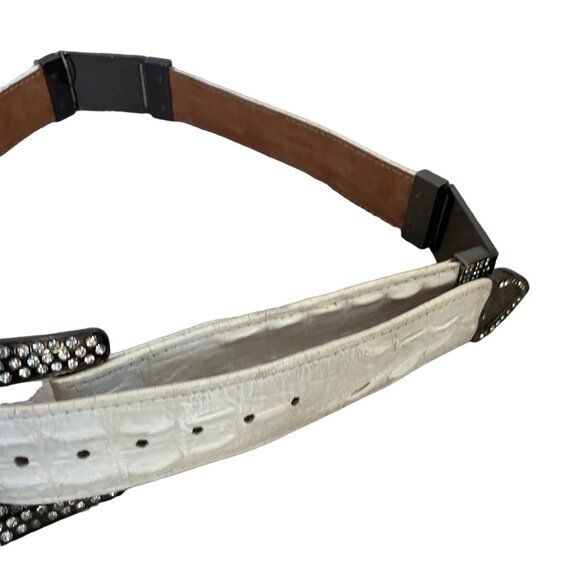 White Crocodile Embossed Leather Belt With Rhinestone Buckle & Tip By Los Altos - Picture 14 of 15